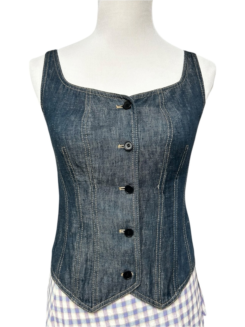 Talbots Linen Denim Corset Vest Top Dark Wash Button Front Y2K Cottagecore XS